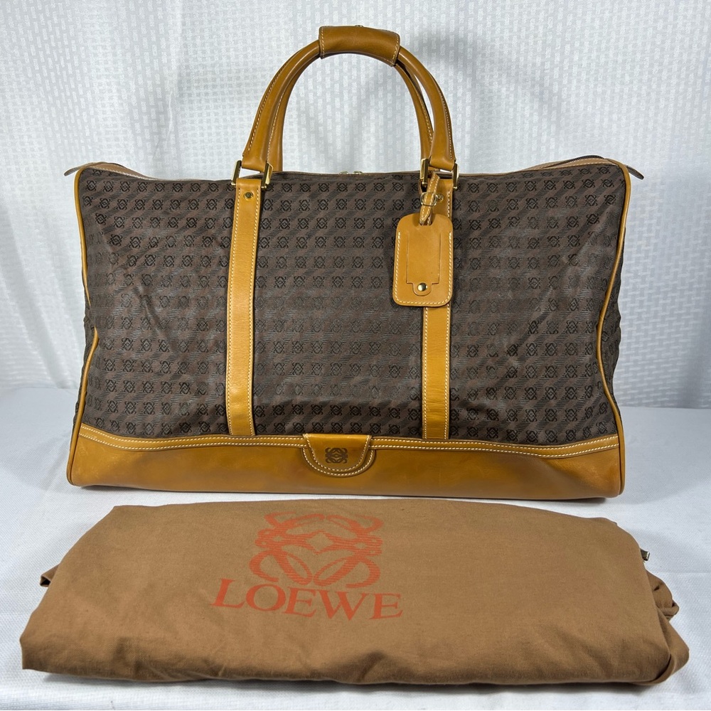 Vintage Loewe Anagram Monogram Jacquard & Leather Travel Weekender w/ Dust Bag